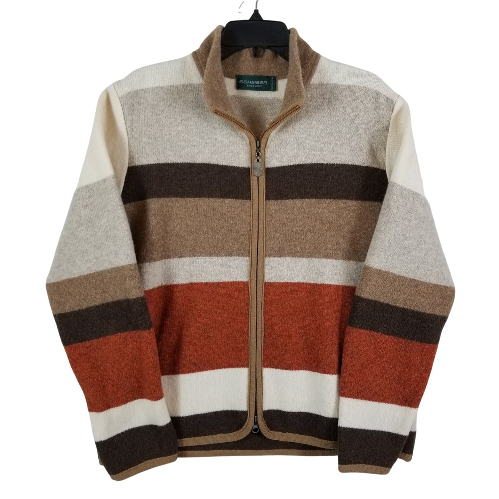 Scheiber Exclusiv Austria Pure New Wool Striped Full Zip Sweater Women 46 XL